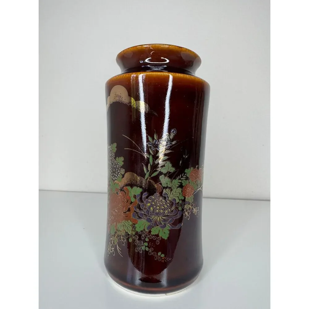 Vintage Japanese Brown Floral Chrysanthemum Ceramic Vase Hand Painted